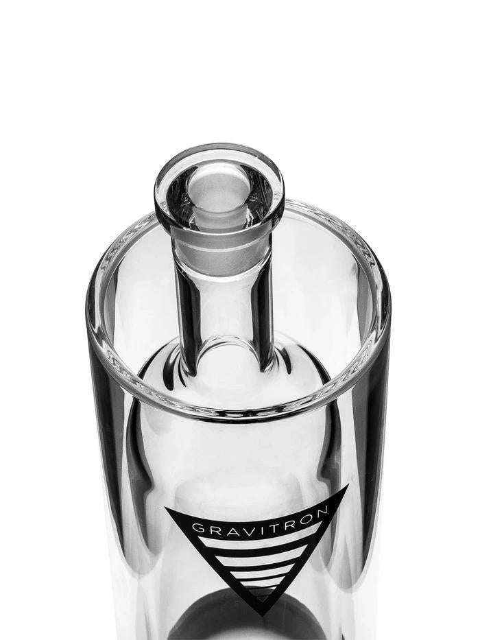 Close-up view of the Gravitron glass gravity bong showcasing its sleek design and logo.