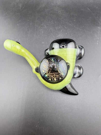 Highgrade Glass Sherlock Pipe - Green to Pink CFL w/ Large Dichro Pendant & Smaller Dichro Attachments