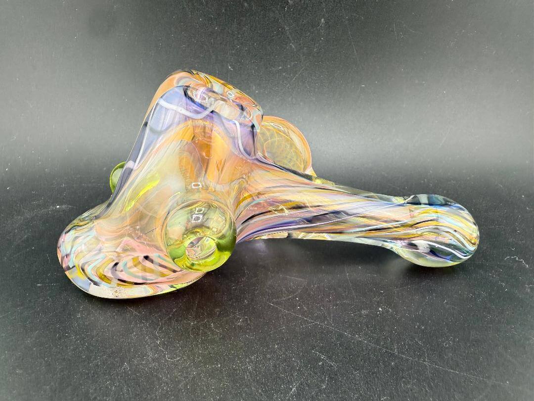 Guido Glass Hammer Pipe - Multi Colored Line work w/ Fumed Pendant showcasing vibrant colors and unique design.