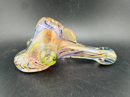 Guido Glass Hammer Pipe - Multi Colored Line work w/ Fumed Pendant showcasing vibrant colors and unique design.