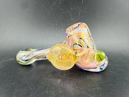 Guido Glass Hammer Pipe - Multi Colored Line work w/ Fumed Pendant showcasing vibrant glass art and unique design.