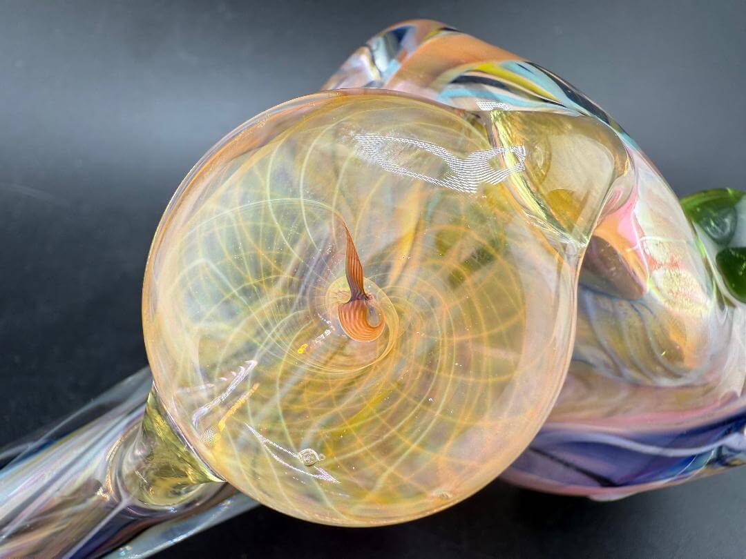 Guido Glass Hammer Pipe - Multi Colored Line work w/ Fumed Pendant featuring vibrant swirl patterns and fumed accents.