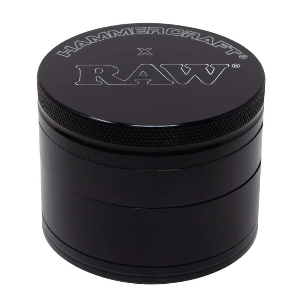 Hammercraft x RAW 2.5" Grinder - Durable aluminum 4-piece grinder in sleek black design.