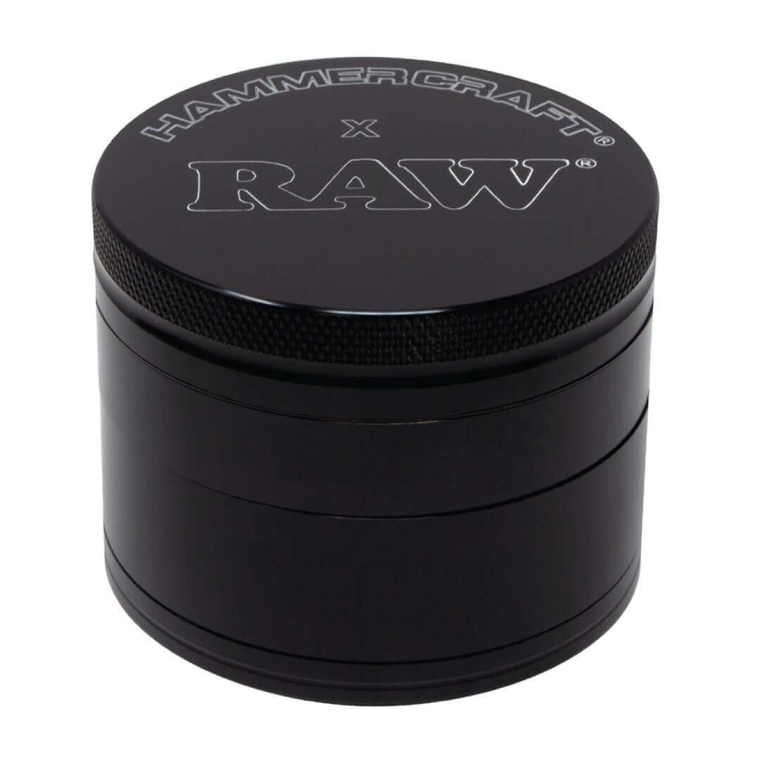 Hammercraft x RAW 2.5" Grinder - Durable aluminum 4-piece grinder in sleek black design.