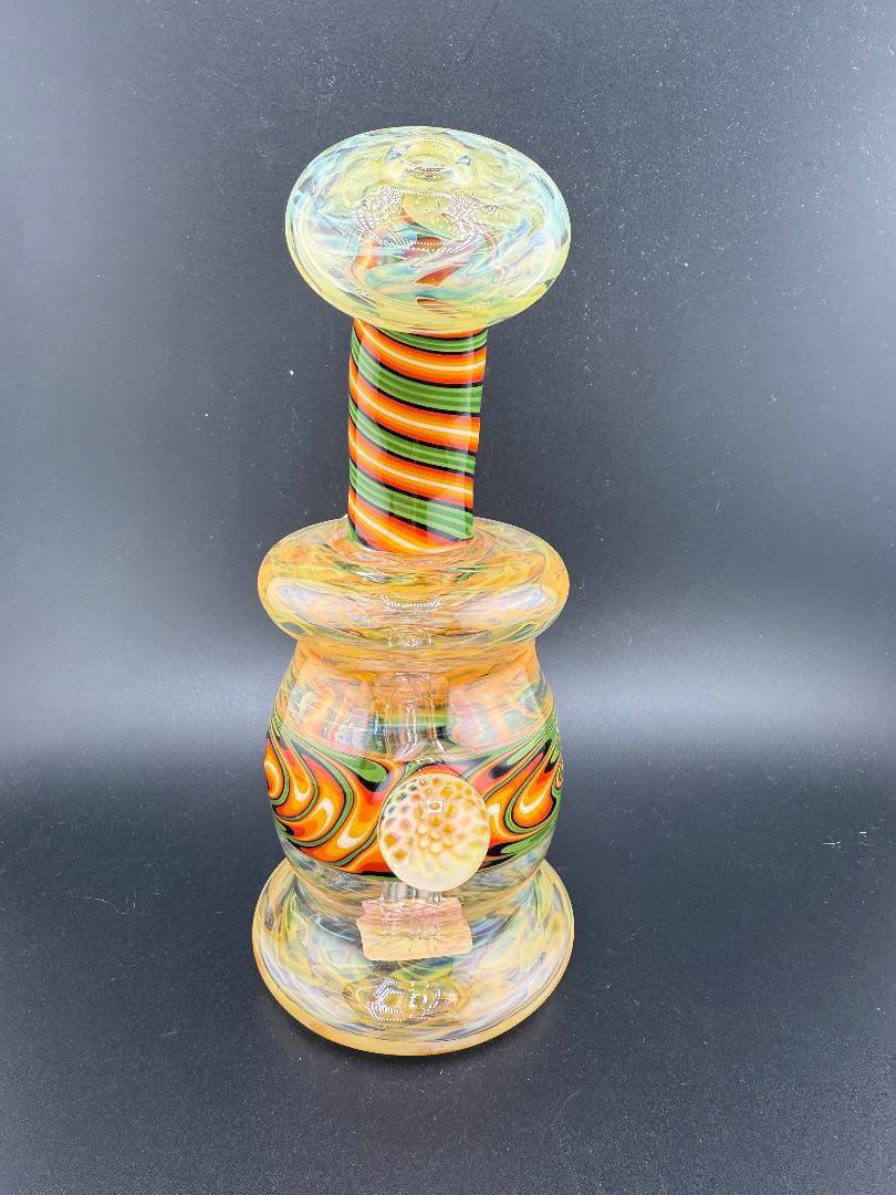 Crondo Glass Green Fire Linework Gold/Silver Fume rig, handcrafted, 14mm, colorful design, perfect for dabbing.