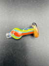 Colorful handcrafted glass pipe featuring vibrant stripes and a round bowl