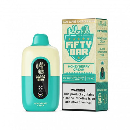 Hidden Hills x Fifty Bar Honeyberry Cream Disposable Vape, 20K puffs, 5% nicotine, premium flavor.