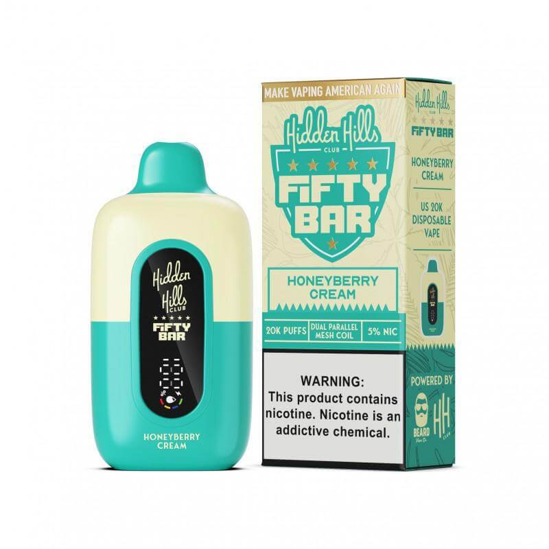 Hidden Hills Fifty Bar Honeyberry Cream Disposable Vape, 20K puffs, 5% nicotine for ultimate vaping experience.