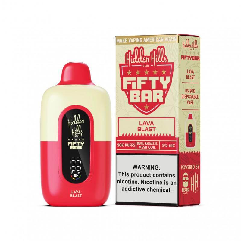 Hidden Hills Fifty Bar 20K Puff Disposable Vape in Lava Blast flavor with packaging, featuring 5% nicotine strength.