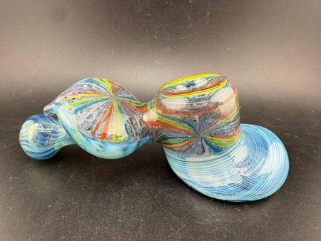 High Grade Glass Hammer Pipe - Light Blue w/ Rainbow Line Worked Sections featuring vibrant colors and unique design.