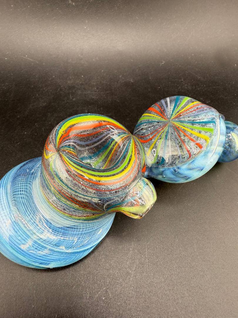 High Grade Glass Hammer Pipe - Light Blue w/ Rainbow Line Worked Sections showcasing vibrant colors and intricate designs.