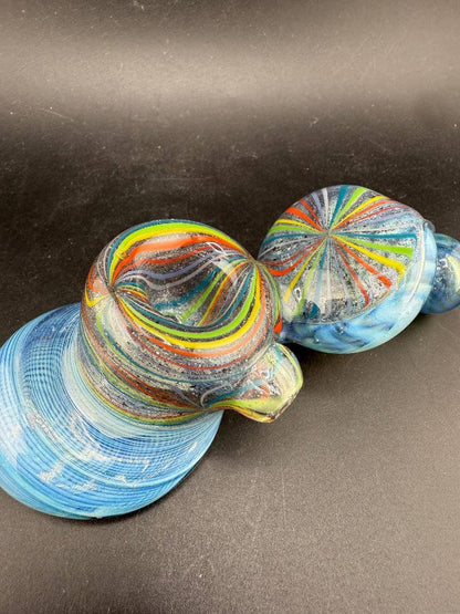 High Grade Glass Hammer Pipe - Light Blue w/ Rainbow Line Worked Sections showcasing vibrant colors and intricate designs.