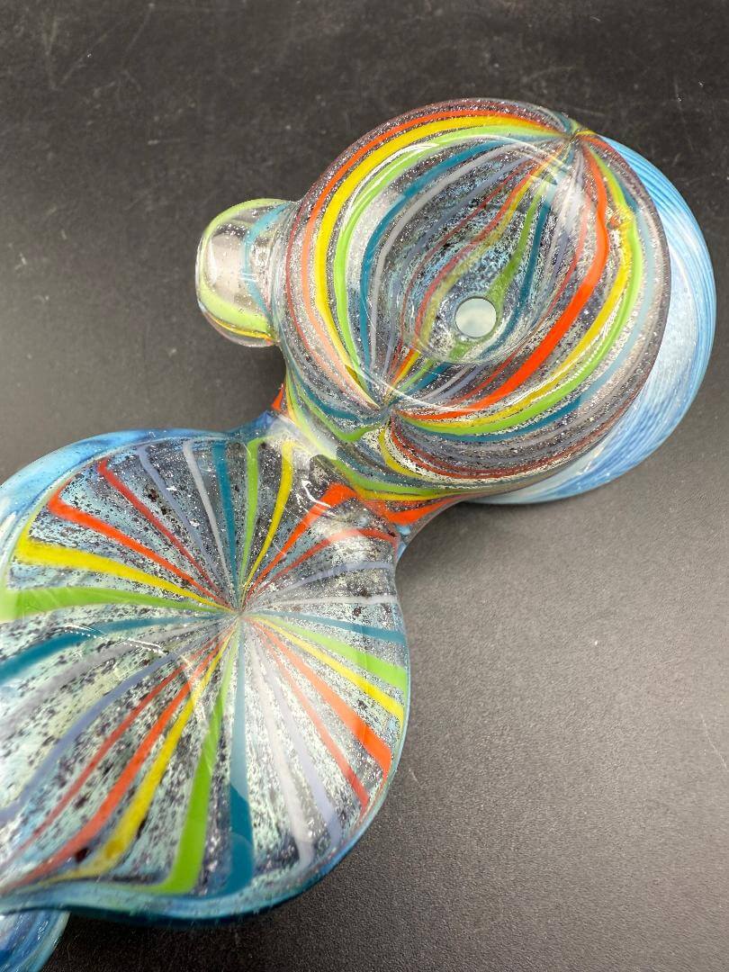 High Grade Glass Hammer Pipe - Light Blue w/ Rainbow Line Worked Sections, featuring vibrant rainbow line work and a comfortable grip.