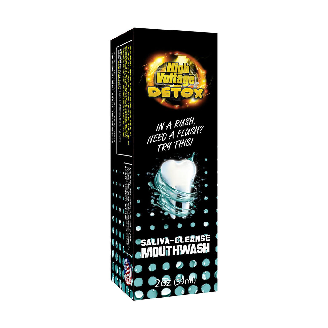 High Voltage Detox Saliva Cleanse Mouthwash packaging, 2 oz, designed for quick toxin removal with on-the-go convenience.