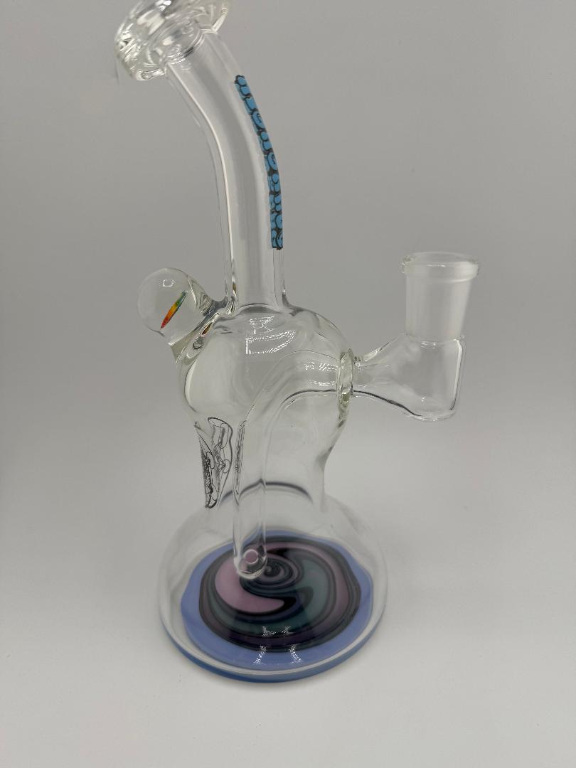 Highgrade Glass Banger Hanger with Reversal Bottom 14mm 90°, handcrafted in Spokane, with vibrant spiral base design.