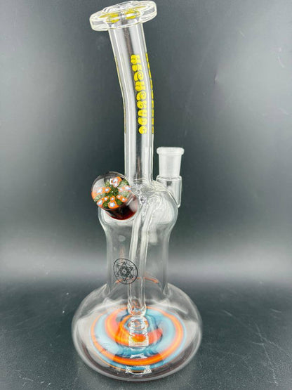 Highgrade Glass Banger Hanger w/ Reversal Bottom 14mm 90° in clear glass with colorful accents.