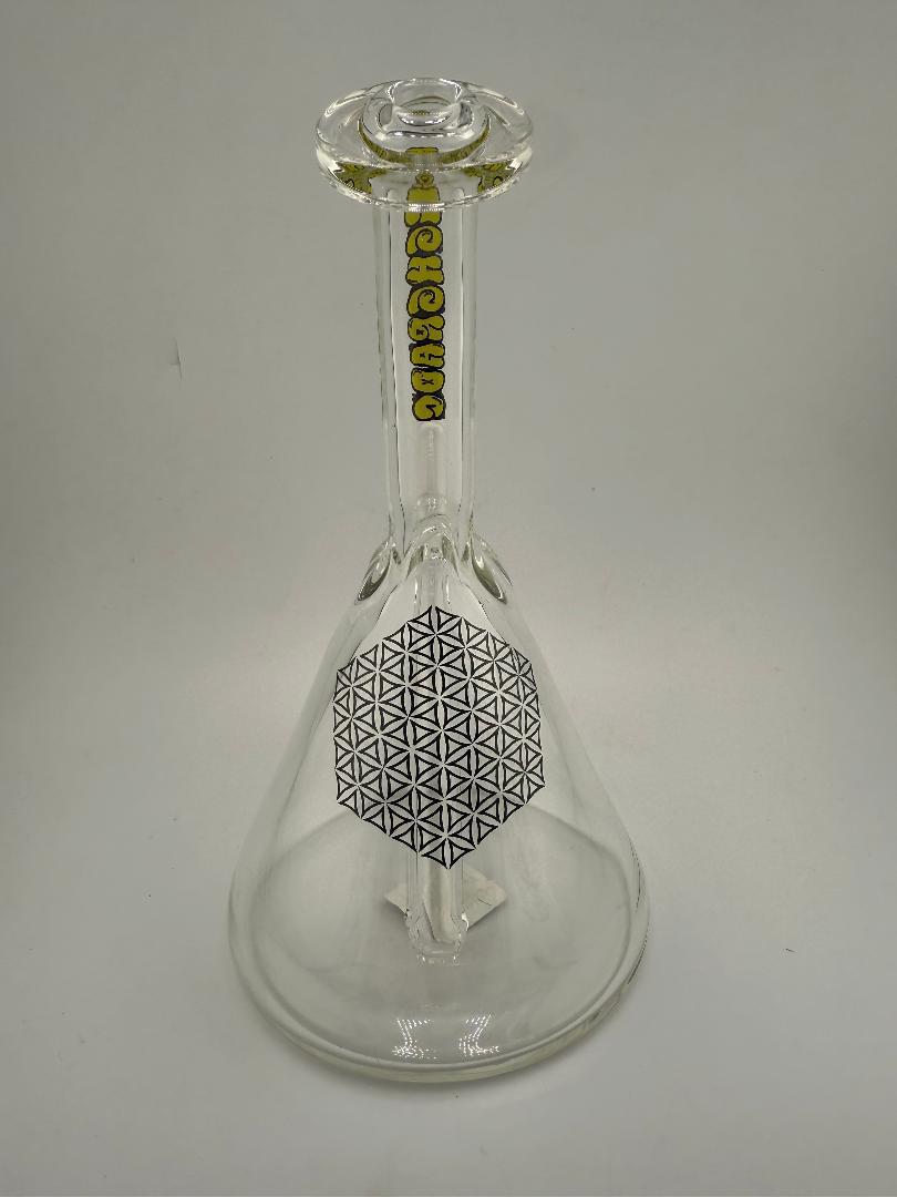 Highgrade glass beaker rig with geometric design, 14mm joint, handcrafted from premium borosilicate glass.