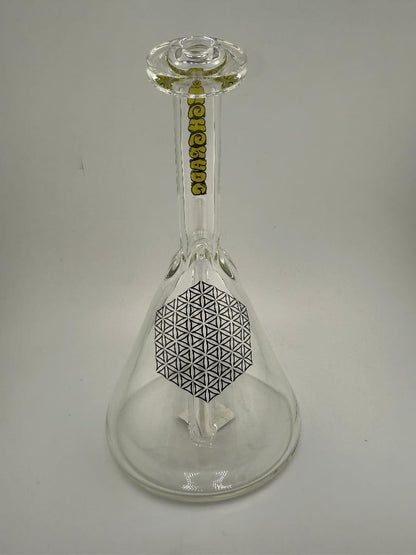 Highgrade glass beaker rig with geometric design, 14mm joint, handcrafted from premium borosilicate glass.