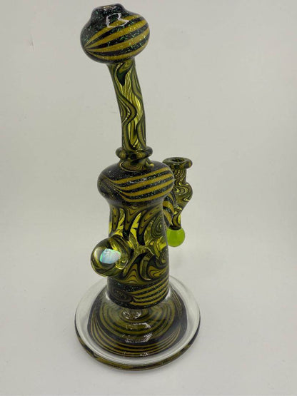 HighGrade Glass Black & Yellow Wig Wag Set 10mm 90°, handcrafted for dabbing, featuring intricate swirling patterns.