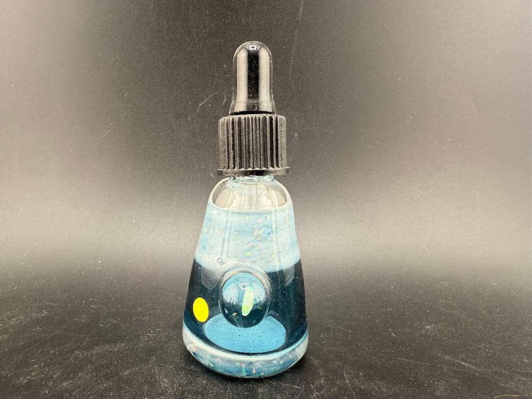 Highgrade Glass Dropper Bottle /  Vial - Crushed Opal with blue and yellow accents against a black backdrop.