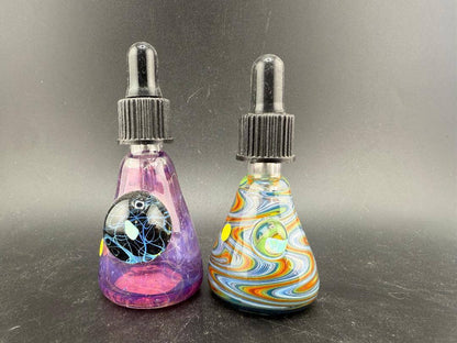 Highgrade Glass Dropper Bottle / Vial - Worked: Artistic handcrafted dropper vials in pink and multicolored designs.