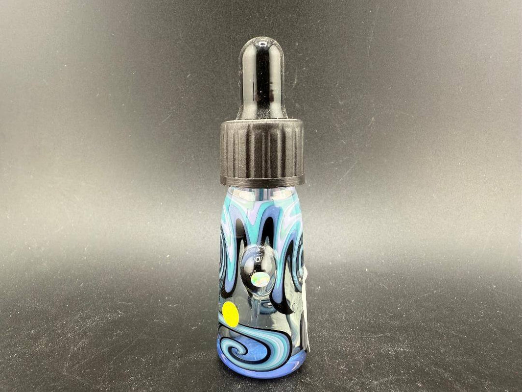 Highgrade Glass Dropper Bottle / Vial - Worked featuring colorful swirling patterns and a black dropper cap.