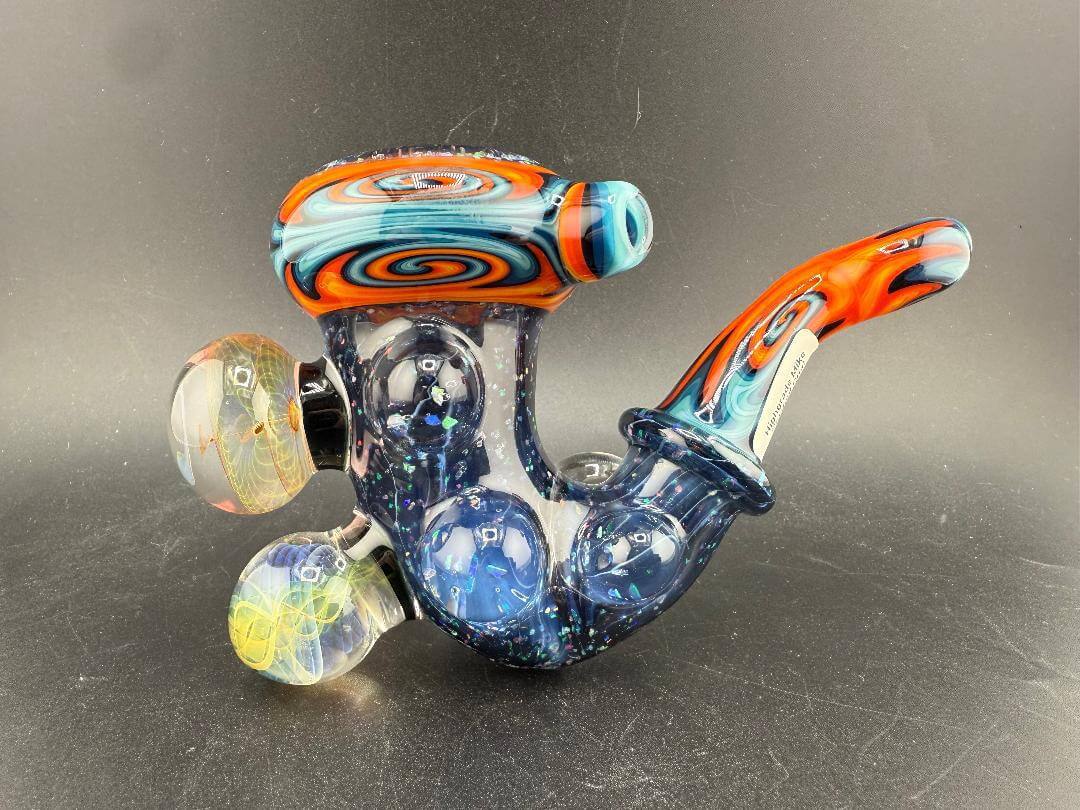 Highgrade Glass Sherlock Pipe - Fire & Ice , Crushed Opal Sections w/ Fumed Implosion Marbles side view with colorful design