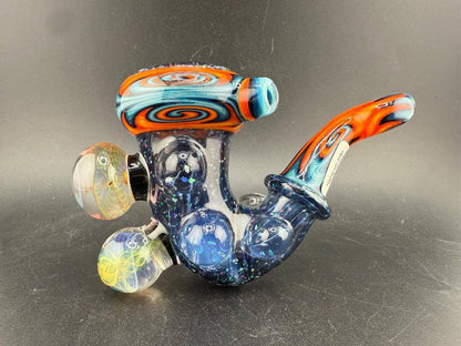 Highgrade Glass Sherlock Pipe - Fire & Ice , Crushed Opal Sections w/ Fumed Implosion Marbles side view with colorful design