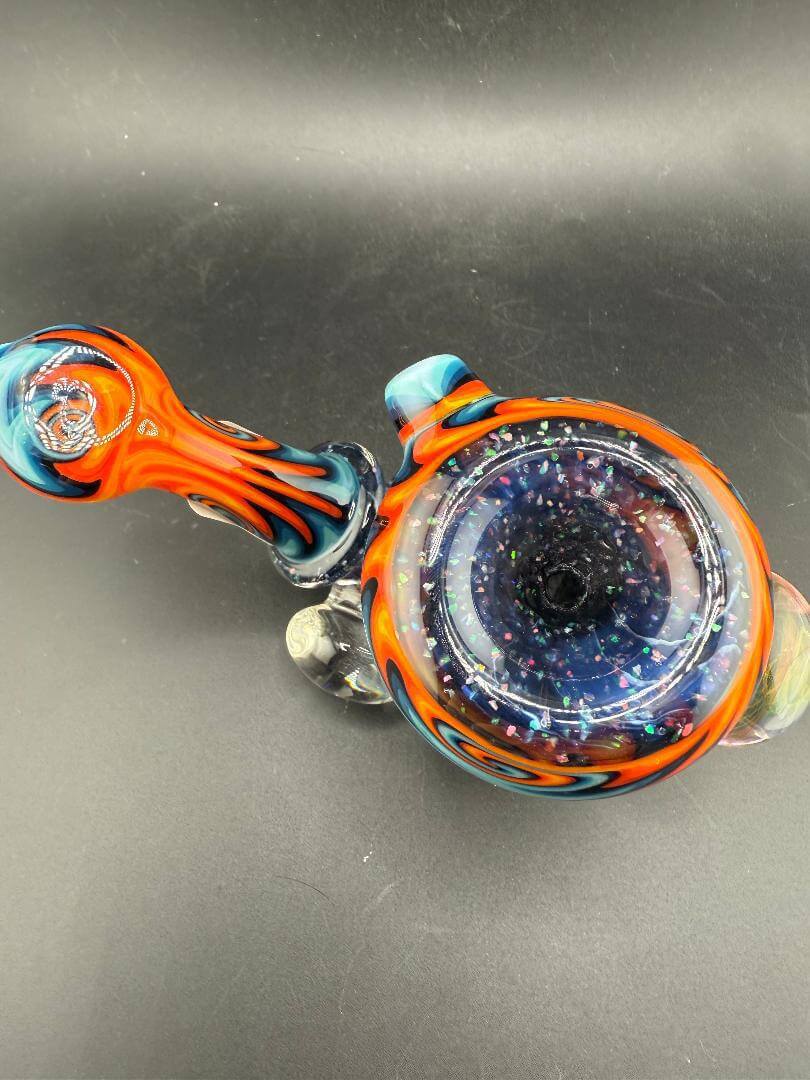 Highgrade Glass Sherlock Pipe - Fire & Ice , Crushed Opal Sections w/ Fumed Implosion Marbles top view with vibrant colors.