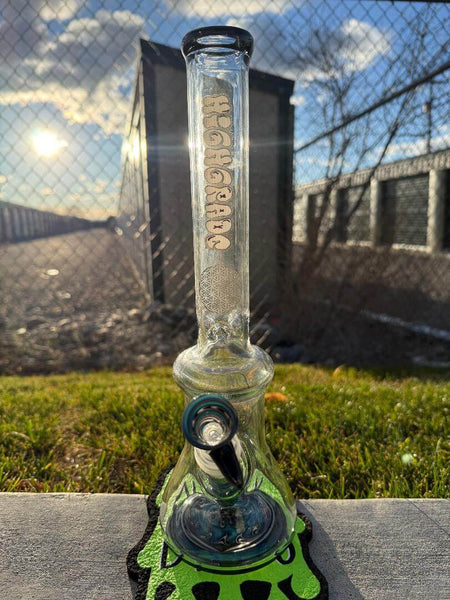 Highgrade Glass Flower Beaker - Wig Wag Reversal Bottom, Downstem, & Bowl 14mm 45° on grass with sunlight.