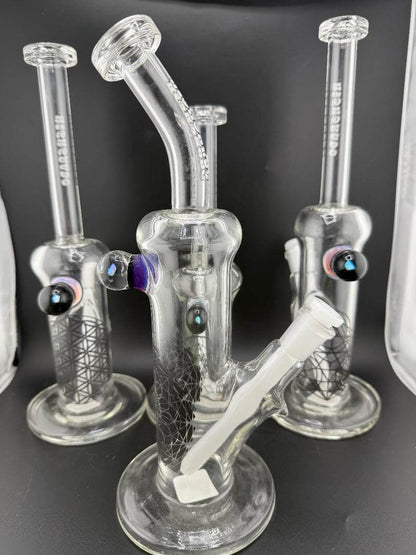 Highgrade Glass Flower Straight Tube - 10" Mini Opal Marble & Bake On Sacred Geometry 10mm 45° glass tubes displayed.