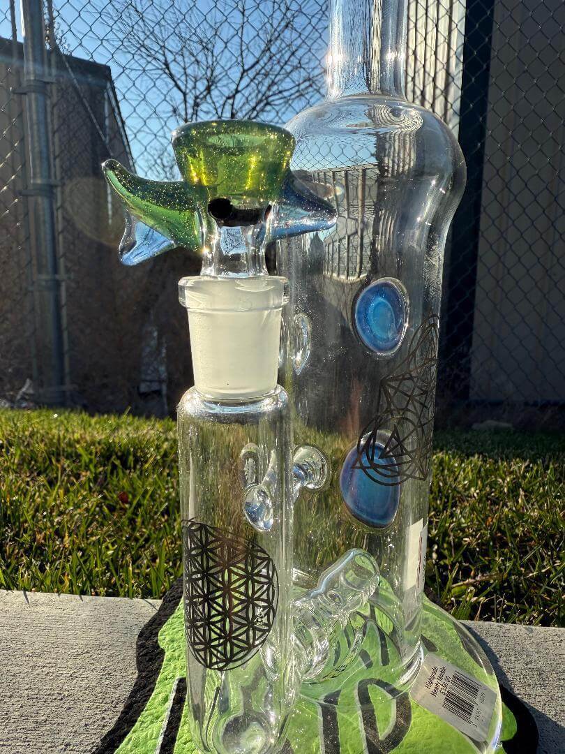 Highgrade Glass Flower Straight Tube - Blue & Green Inline Perc w/ Bubble Trap & Opal Attachments 14mm 90°