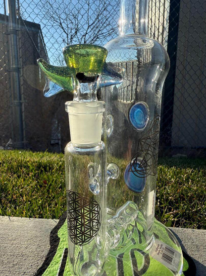 Highgrade Glass Flower Straight Tube - Blue & Green Inline Perc w/ Bubble Trap & Opal Attachments 14mm 90°