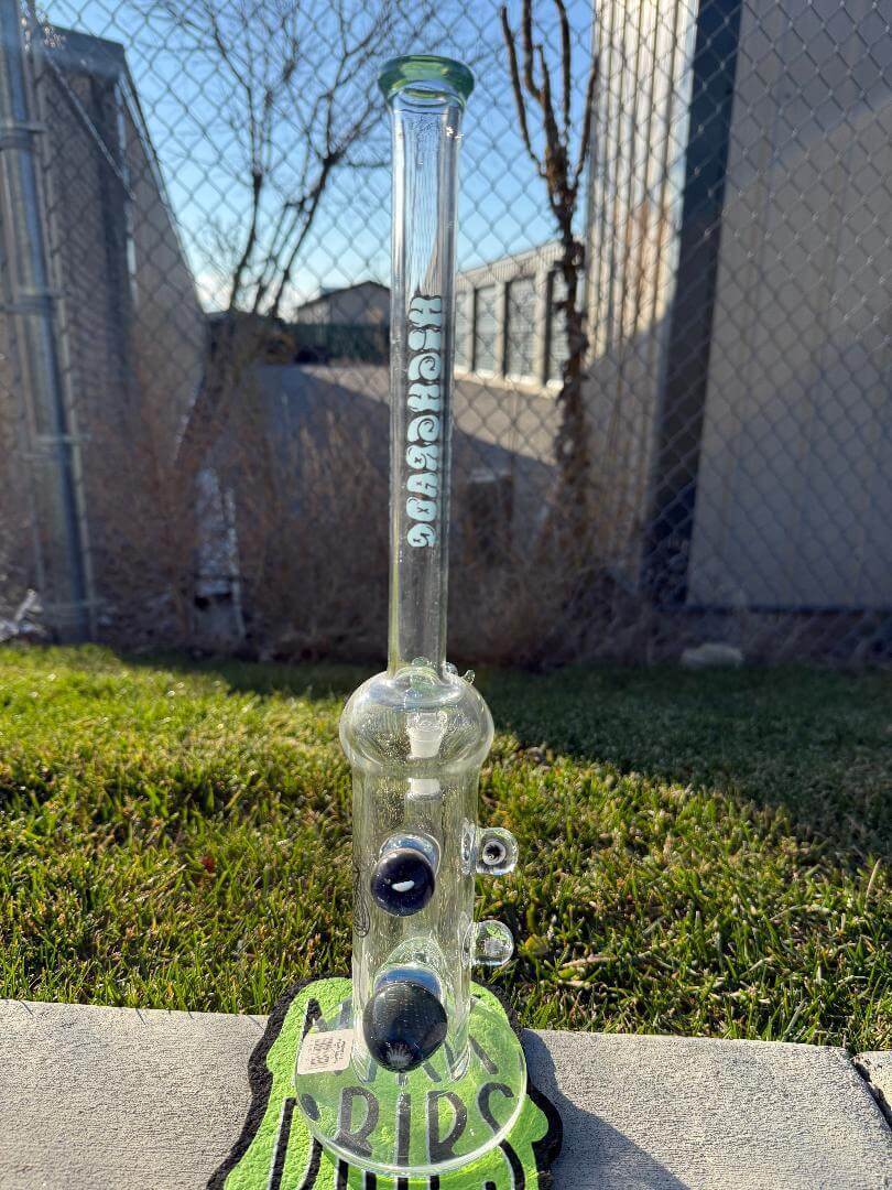 Highgrade Glass Flower Straight Tube - Blue & Green Inline Perc w/ Bubble Trap & Opal Attachments 14mm 90° on grass