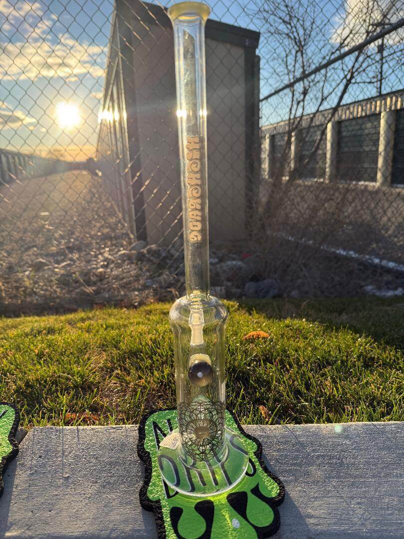 Highgrade Glass Flower Straight Tube - Color Accented Lip wraps w/ Inline Perc & Sacred Geometry Bake On 14mm 90°