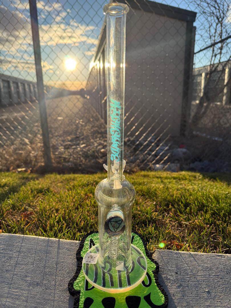 Highgrade Glass Flower Straight Tube - Color Accented Lip wraps w/ Inline Perc & Sacred Geometry Bake On 14mm 90° in sunlight.