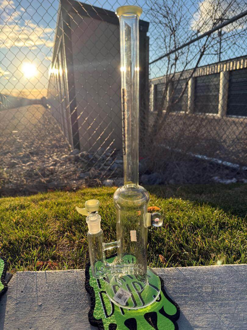 Highgrade Glass Flower Straight Tube - Color Accented Lip wraps w/ Inline Perc & Sacred Geometry Bake On 14mm 90° in sunlight.