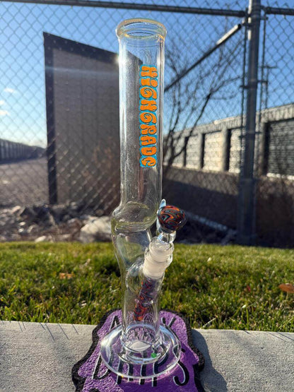 Highgrade Glass Flower Straight Tube – Fire & Ice Wig Wag Color Accent Pistol Loop 14mm 45° displayed outdoors.