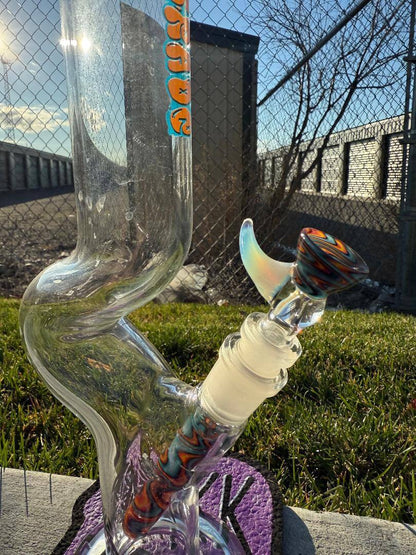 Highgrade Glass Flower Straight Tube – Fire & Ice Wig Wag Color Accent Pistol Loop 14mm 45° with vibrant colors outdoors.