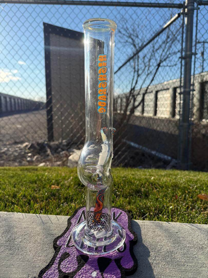 Highgrade Glass Flower Straight Tube – Fire & Ice Wig Wag Color Accent Pistol Loop 14mm 45° on purple mat outdoors.