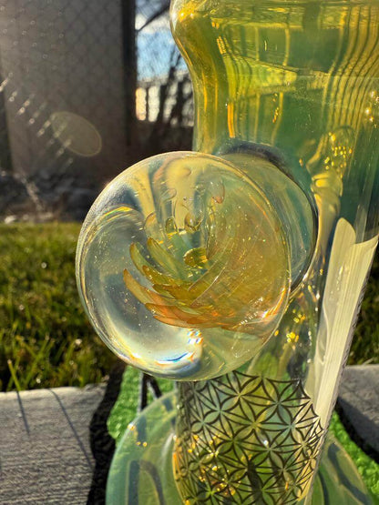 Highgrade Glass Flower Straight Tube - Fumed Bowl & Downstem w/ Sacred Geometry Bake Ons 14mm 45° showcased in close-up.