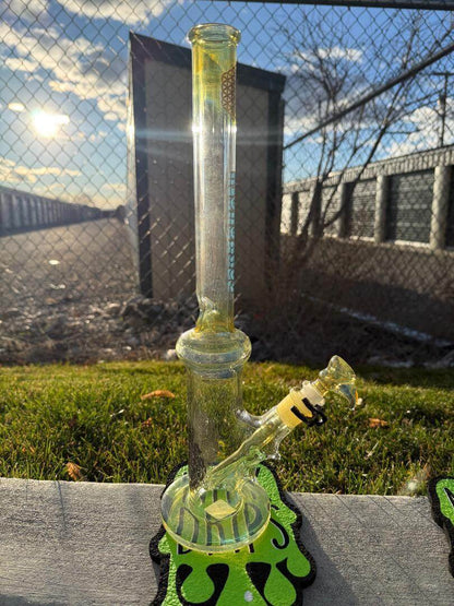 Highgrade Glass Flower Straight Tube - Fumed Bowl & Downstem w/ Sacred Geometry Bake Ons 14mm 45° on a sunny day