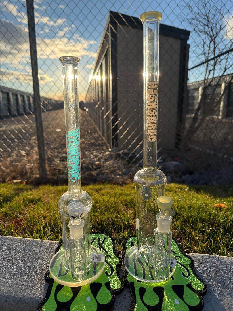 Highgrade Glass Flower Straight Tube - Color Accented Lip wraps w/ Inline Perc & Sacred Geometry Bake On 14mm 90°
