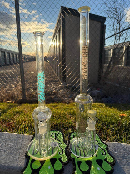 Highgrade Glass Flower Straight Tube - Color Accented Lip wraps w/ Inline Perc & Sacred Geometry Bake On 14mm 90°