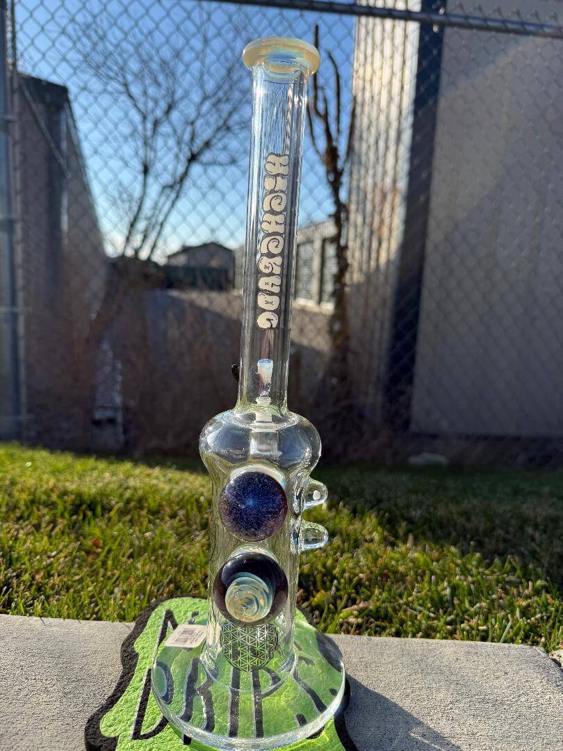 Highgrade Glass Flower Straight Tube - Opaline Inline Perc w/ Dichro, Fume Implosion & Opal Attachments 14mm 90° on grass