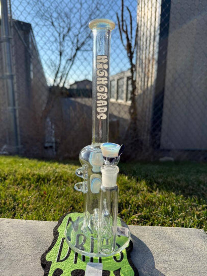 Highgrade Glass Flower Straight Tube - Opaline Inline Perc w/ Dichro, Fume Implosion & Opal Attachments 14mm 90° on grass.