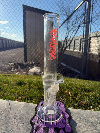 Highgrade Glass Flower Straight Tube - Pistol Loop Straight w/ Sacred Geometry Bake On 14mm 45° displayed outdoors