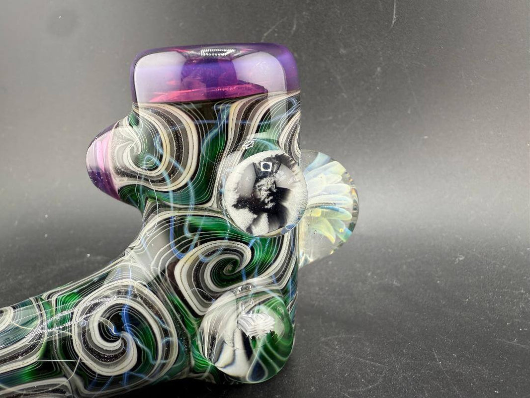 Highgrade Glass Hammer Pipe - Green , Black & White Line Work Corn Cob w/ Implosion & Millie Marbles close-up