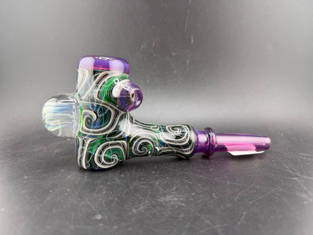 Highgrade Glass Hammer Pipe - Green , Black & White Line Work Corn Cob w/ Implosion & Millie Marbles