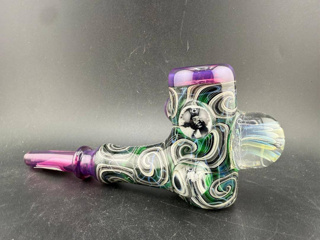 Highgrade Glass Hammer Pipe - Green , Black & White Line Work Corn Cob w/ Implosion & Millie Marbles